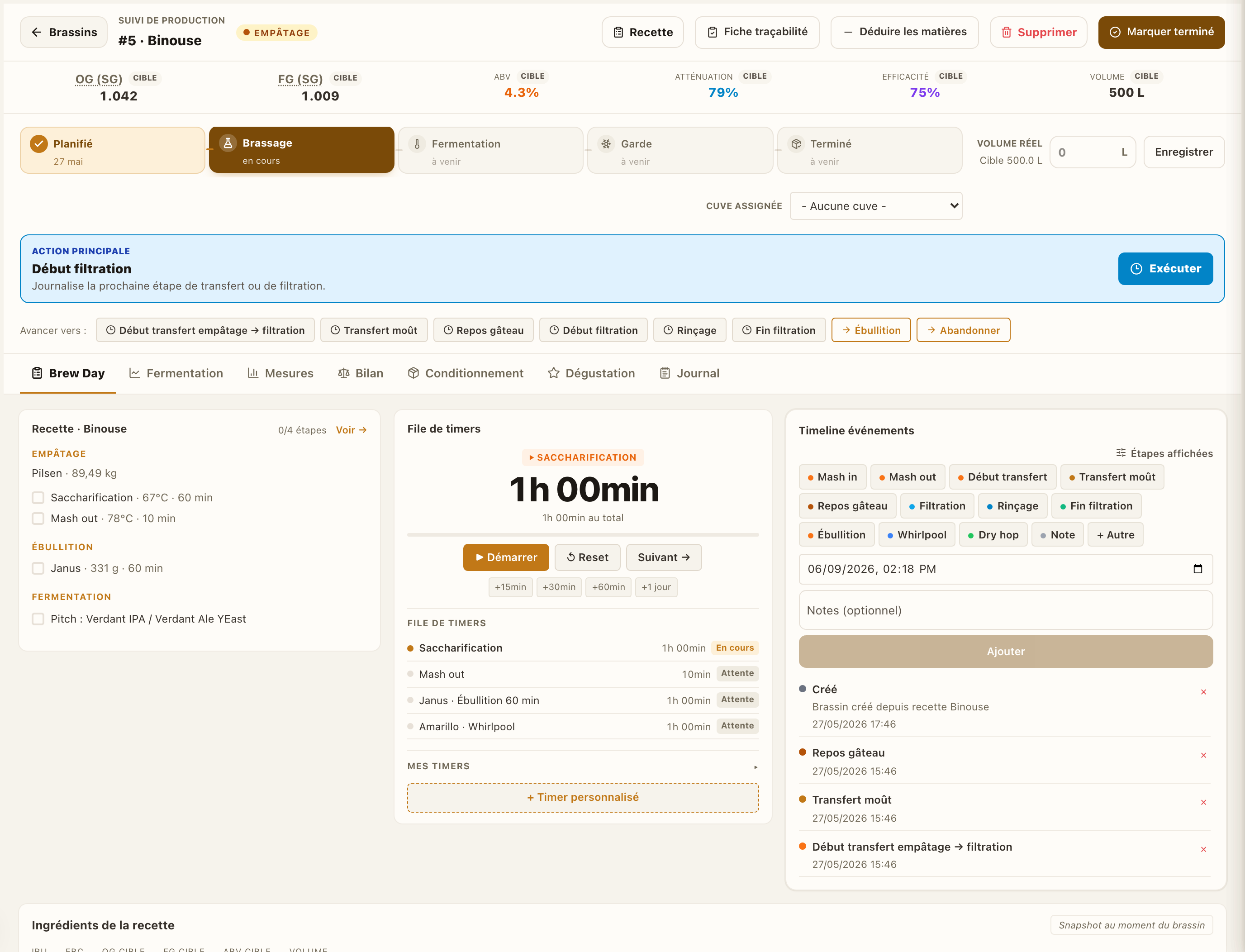 Suivi de production d'un brassin : stepper des étapes, timers et timeline.