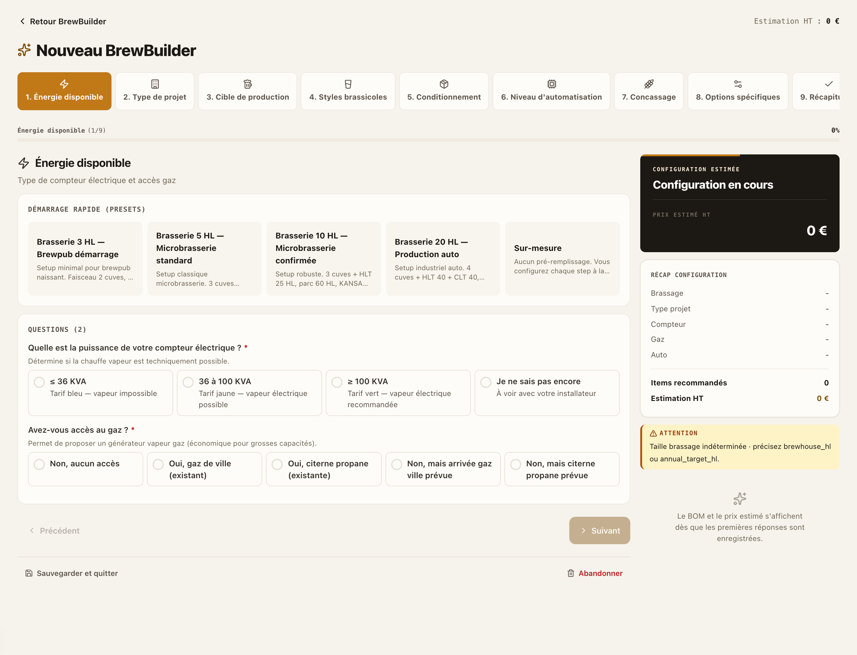Configurateur de matériel BrewBuilder : wizard en 9 étapes, presets et estimation budgétaire.